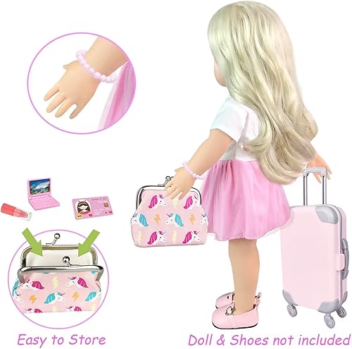 Miniatura 3 de 17 piezas de ropa y accesorios de muñeca de niña de 18 pulgadas, estuche de equipaje, juego de viaje con almohada de viaje, lentes de sol para
