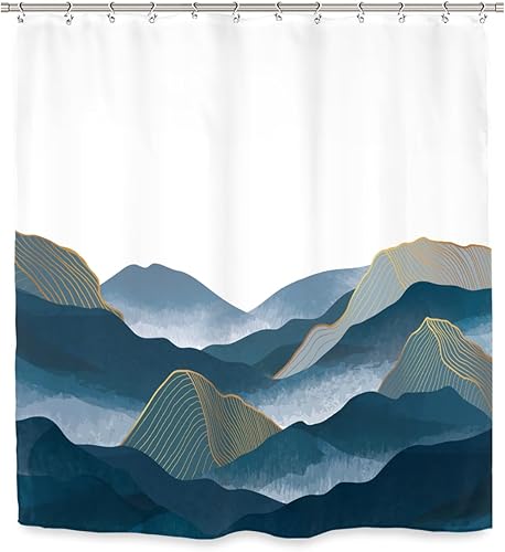 Cortina de ducha enmarcada de montaña de 60 pulgadas de ancho x 72 pulgadas de alto, acuarela azul, paisaje, paisaje, paisaje, paisaje, juegos de