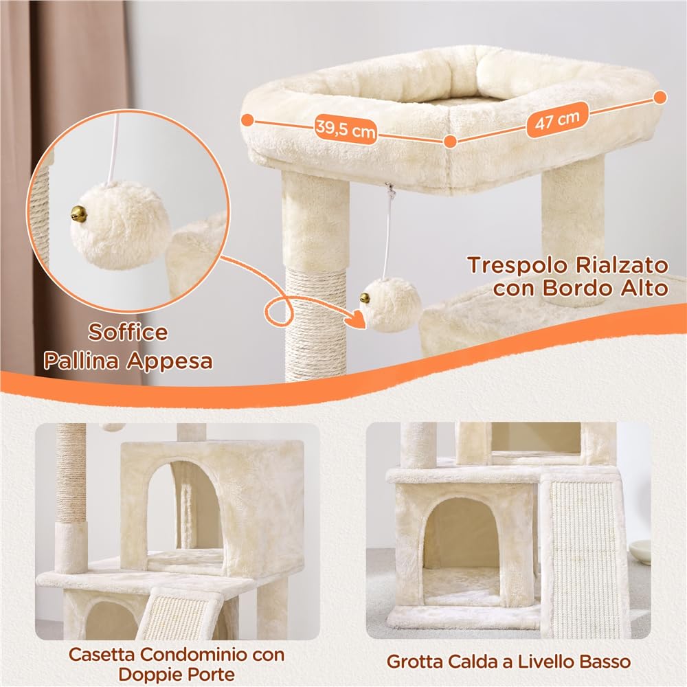 Tiragraffi per Gatti Altezza 92cm Albero con Trespolo Grande,Pompon,Casetta,Scala,Graffiatoi Gioco per Gatti Interni Grigio chiaro