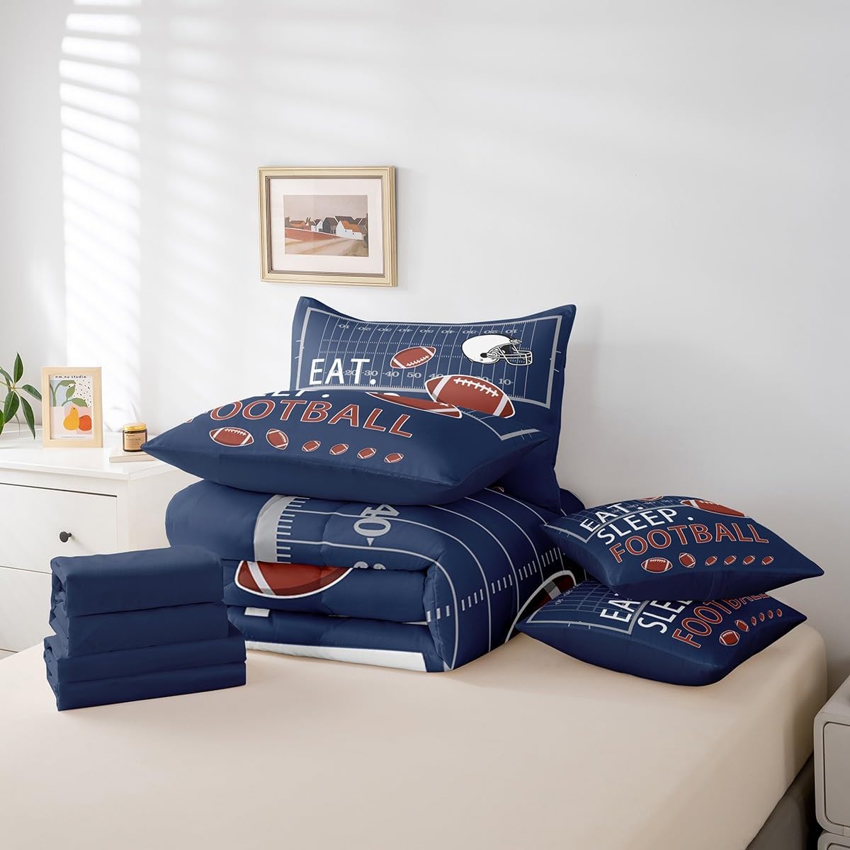 Feelyou Football 7 Piece Bedding Set Full Size Kids Boys Rugby Comforter Set with Sheets for Teens Toddler Navy Blue Bed in a Bag Ball Games Bed Set - Image 6