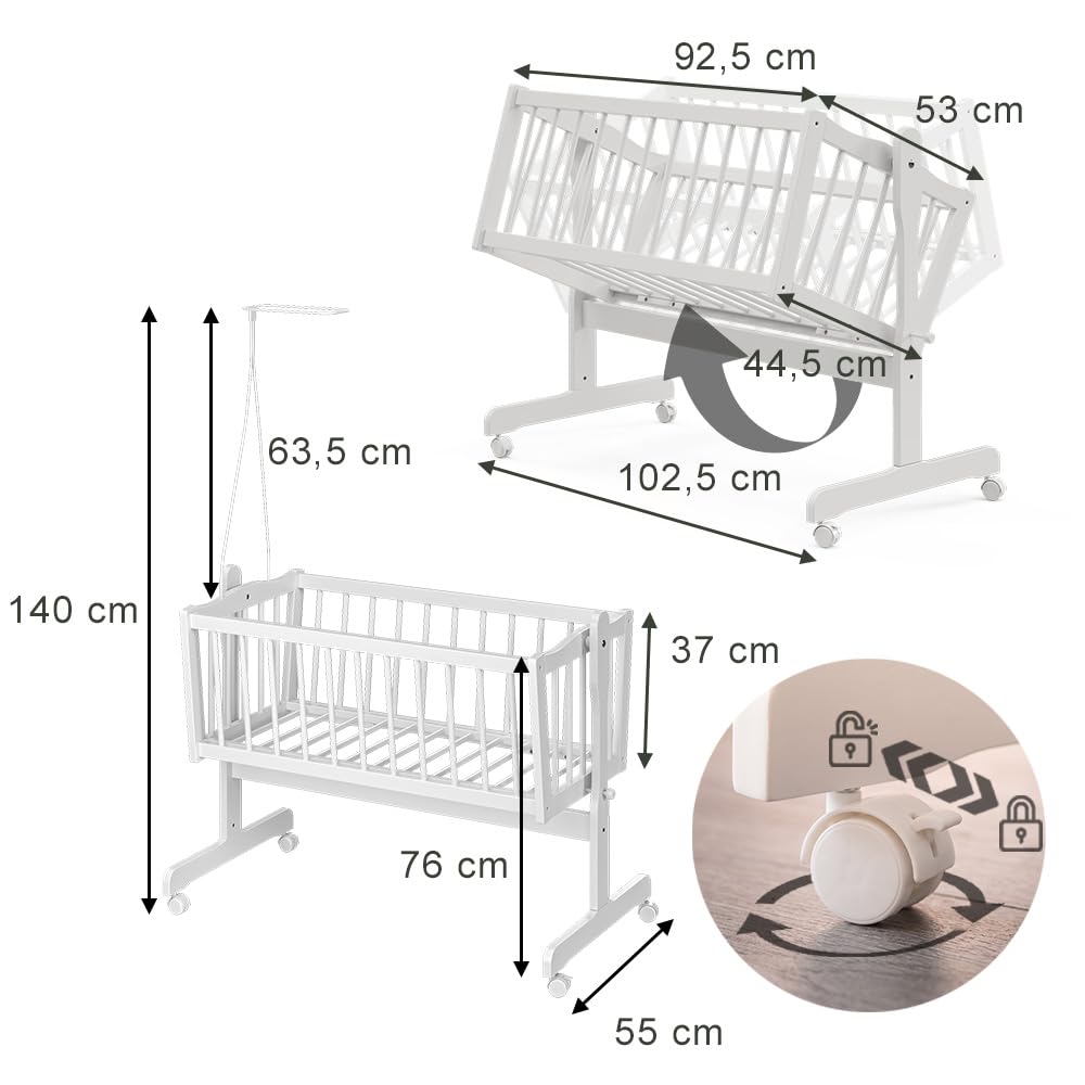 VitaliSpa Lit bébé, Blanc, 40x90 | avec des roues, avec fonction de bascule et roulettes verrouillables