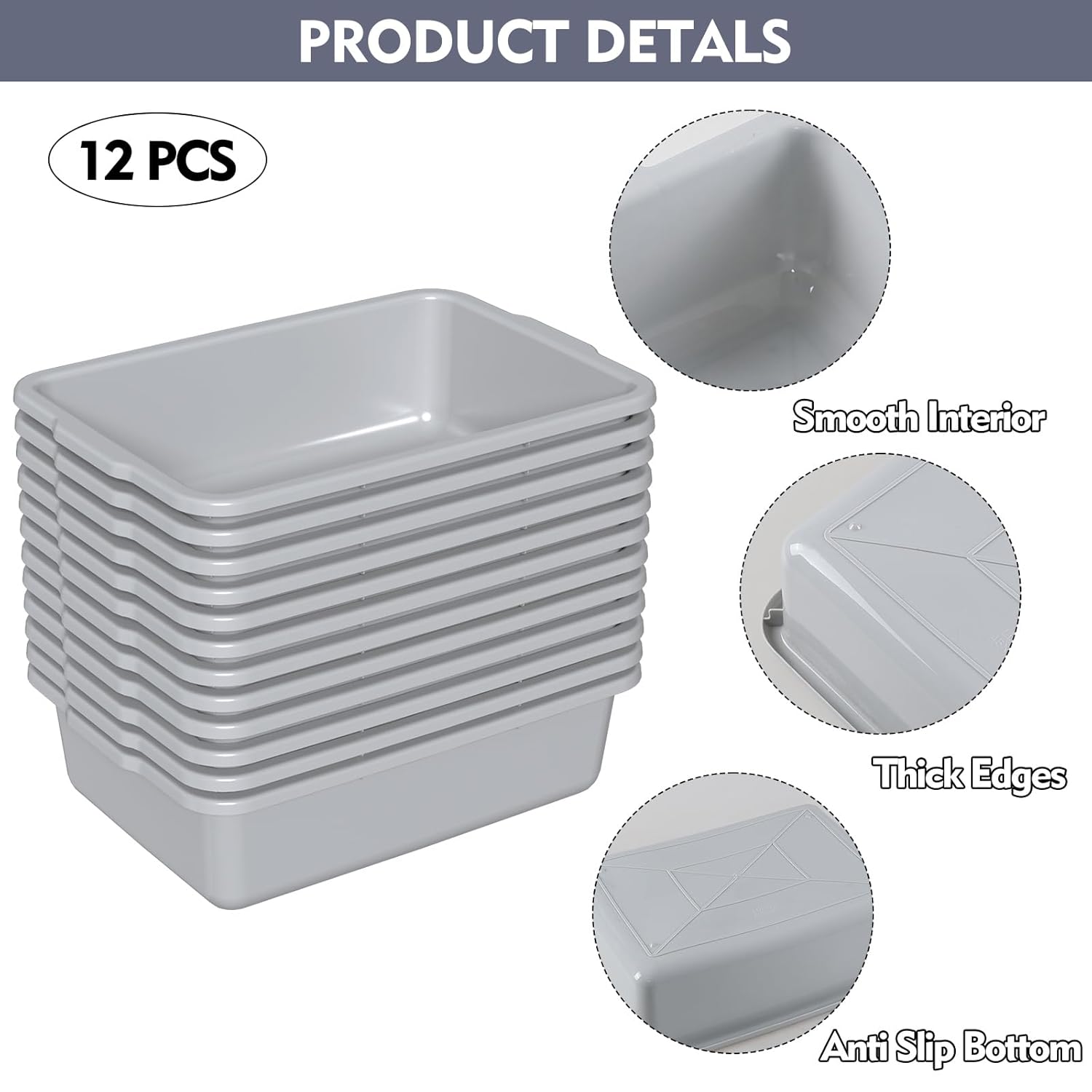 Pekky 12 Packs Bus Tubs, Food Serving Bus Pans for Restaurants, 13 L Grey Commercial Dish Bin