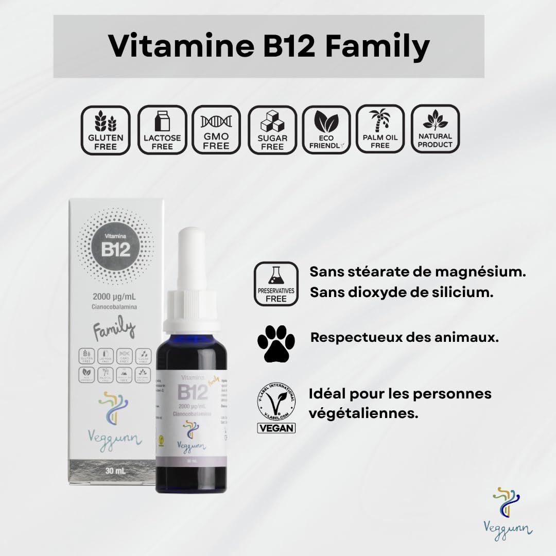 Vitamine B12 Family - 30 ml. pour 30 Semaines - 2000 mcg/ml. - B12 Vitamine Sublingual pour Adultes et Enfants - Complément Alimentaire Naturel qui Aide à Améliorer le Métabolisme