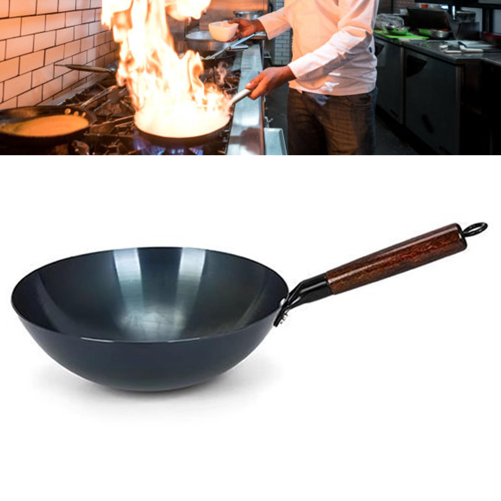 Sartén Wok para saltear, sartén tradicional china de hierro con fondo redondo, sin revestimiento, mango único, para cocinar en casa y en restaurante, material de hierro refinado, (36cm)