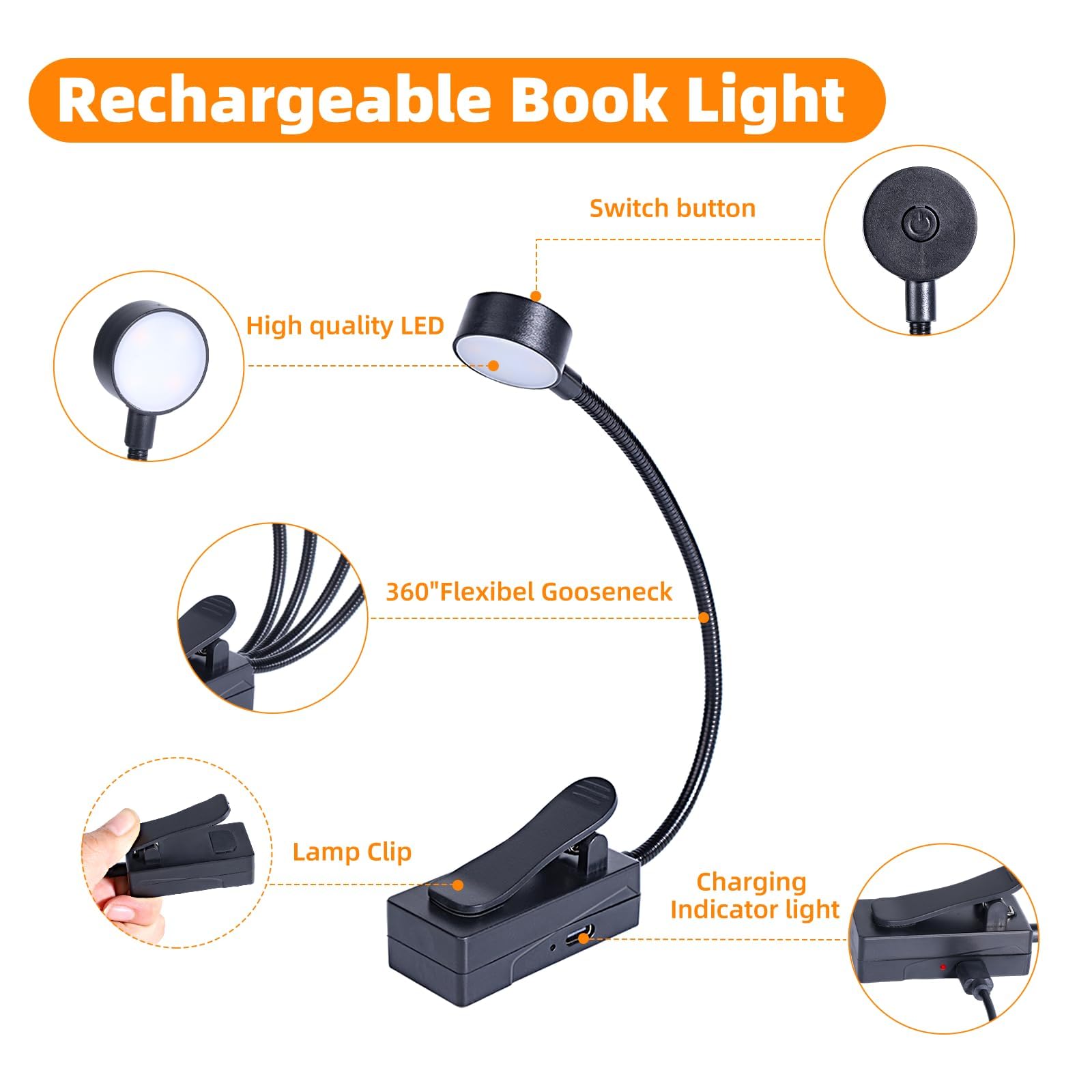 KunHe Lot de 5 lampes de lecture rechargeables à clipser pour livres au lit - Longue durée - 3 modes et 3 niveaux de luminosité - Mini lampes de lecture compactes à chargement USB pour enfants et
