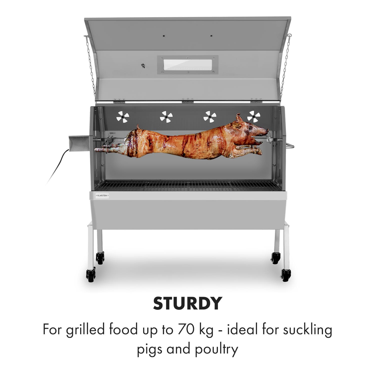 Klarstein Sauenland Pro XL – grill do prosiaków, grill na węgiel drzewny, zamykany pojemnik, silnik elektryczny: 15 W, rożen obrotowy, ruszt do grillowania i nogi ze stali nierdzewnej, srebrny