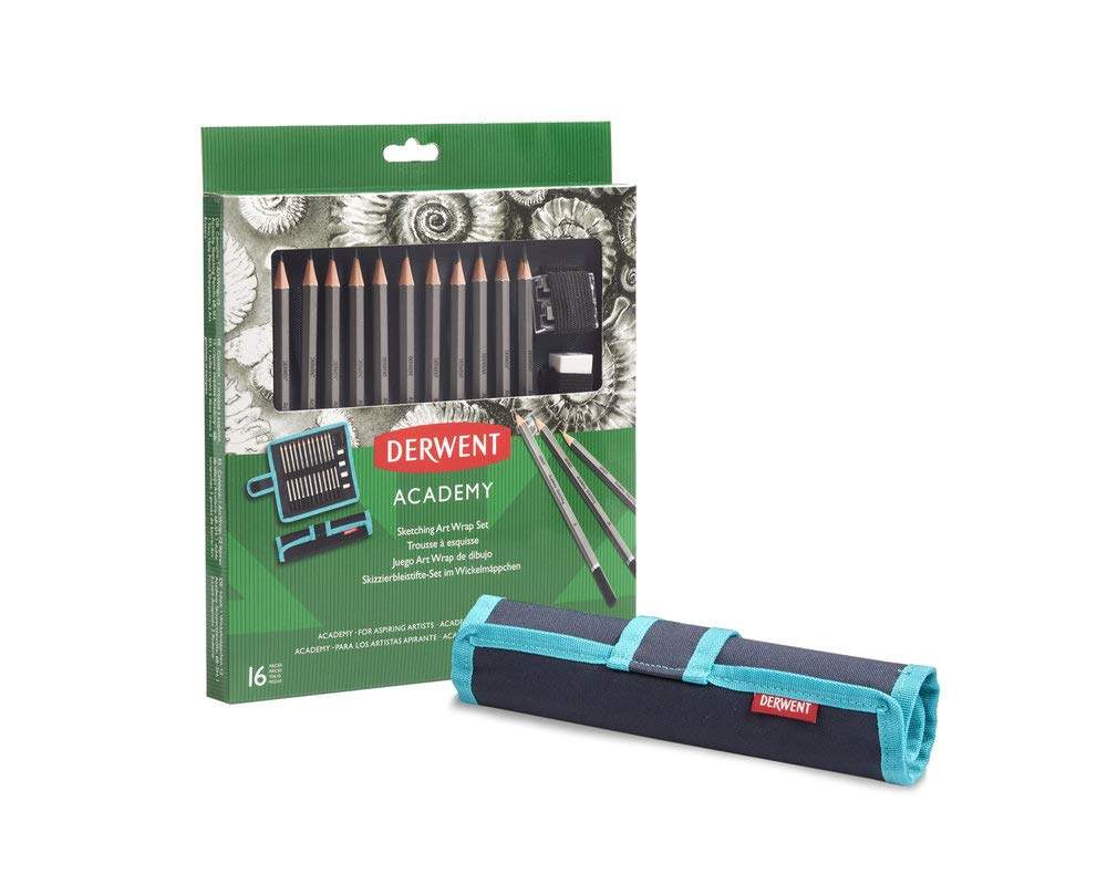 Derwent Academy Künstlerrolle mit Bleistiften für Skizzen, Bleistifte Set in Mäppchen, Zeichnen & Ausmalen, 16er-Set, Inklusive Spitzer & Radierer, Ideal zum Skizzieren, Academy-Serie, 2305682