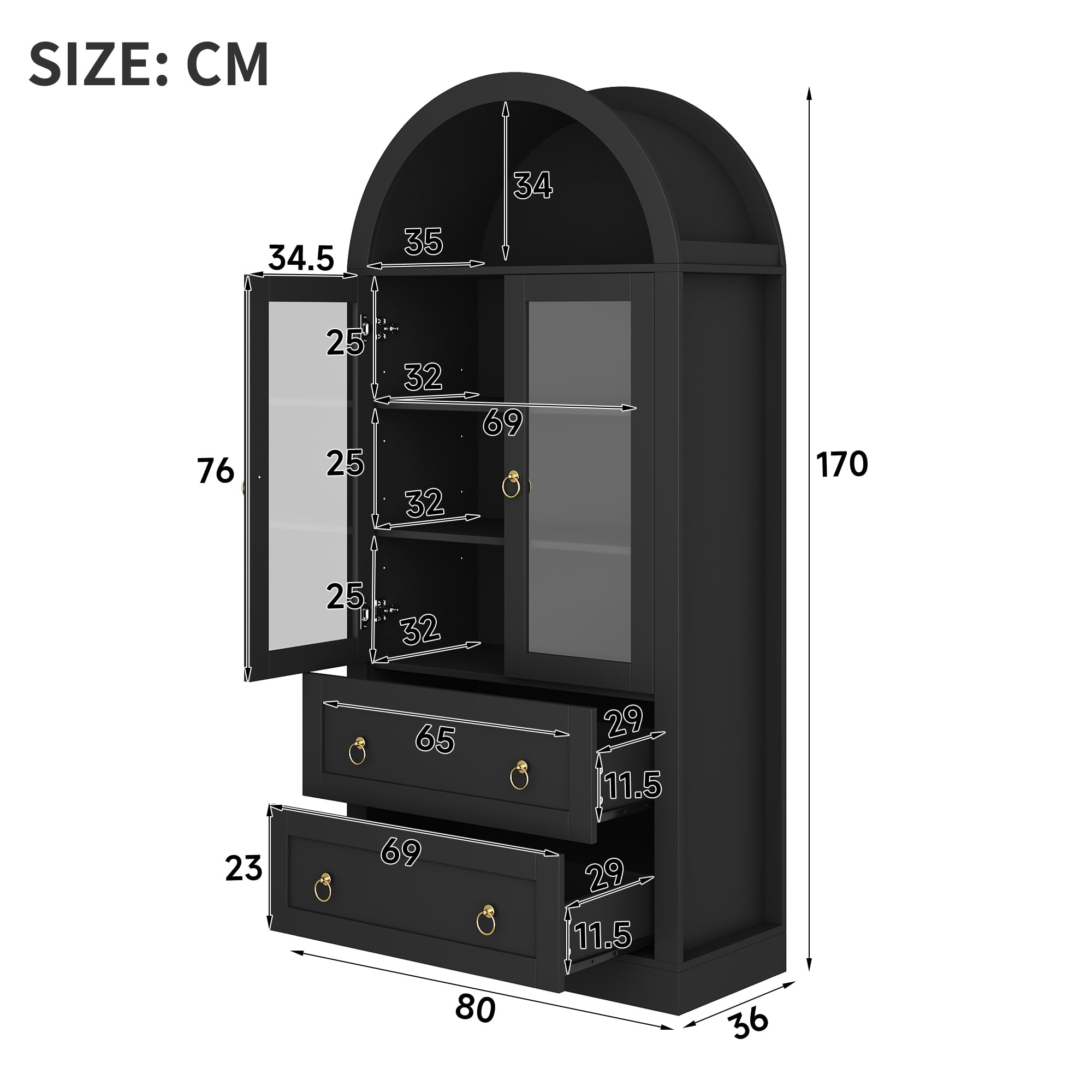 Merax Hochschrank Küchenbuffet, Buffetschrank mit Verstellbaren Ablagen, Hoher Bogen-Aufbewahrungsschrank, mit Schubladen und Glasschranktüren, für Küche und Wohnzimmer, Schwarz, 80x36x170 cm