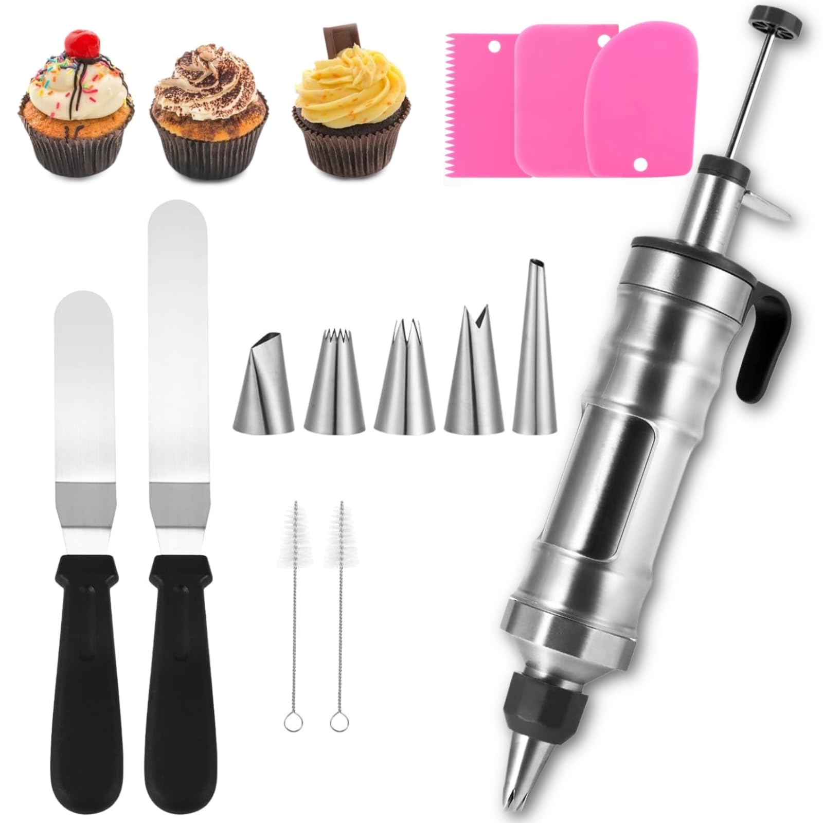 Juego de pistolas de decoración de glaseado, juego de jeringas de acero inoxidable para decoración de pasteles, juego de decoración de postres con 5 boquillas de glaseado, 3 raspadores de crema, 2
