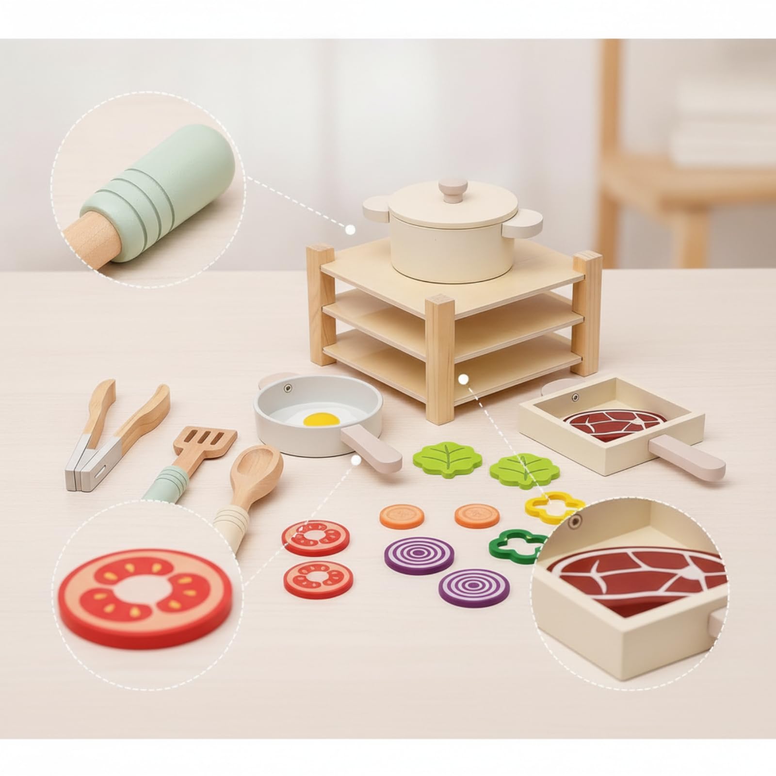 Dînette en Bois avec Étagère D'imitation Équipement Culinaire Cuisine en Bois Éducatif Ensemble Cuisine avec Casseroles et Poêles pour Enfants