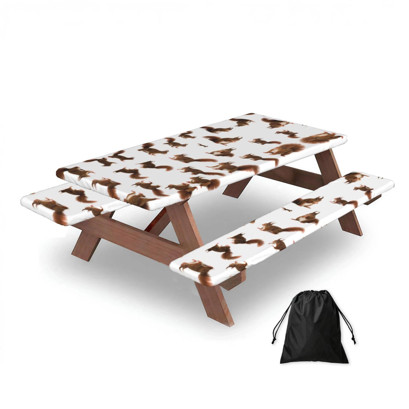 ESNAIUVCD Cute Squirrels Print Picnic Table Cover With Bench Covers,Camping Essentials,Fitted Tablecloth Cover With Elastic Edge, For Indoor & Outdoor 3 Pcs