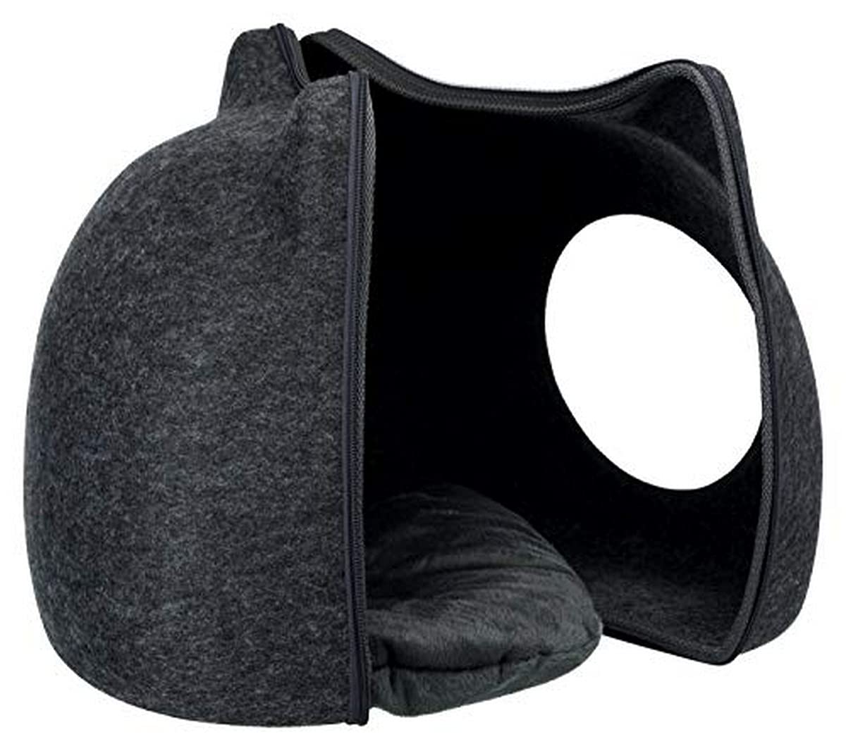 Trixie Grotte pour Chat en Feutre - Adorable lit en Forme de tête avec Oreilles - Grotte Douillette avec Coussin en Peluche, Anthracite - Stable en Forme & Lavable 38 × 35 × 37 cm
