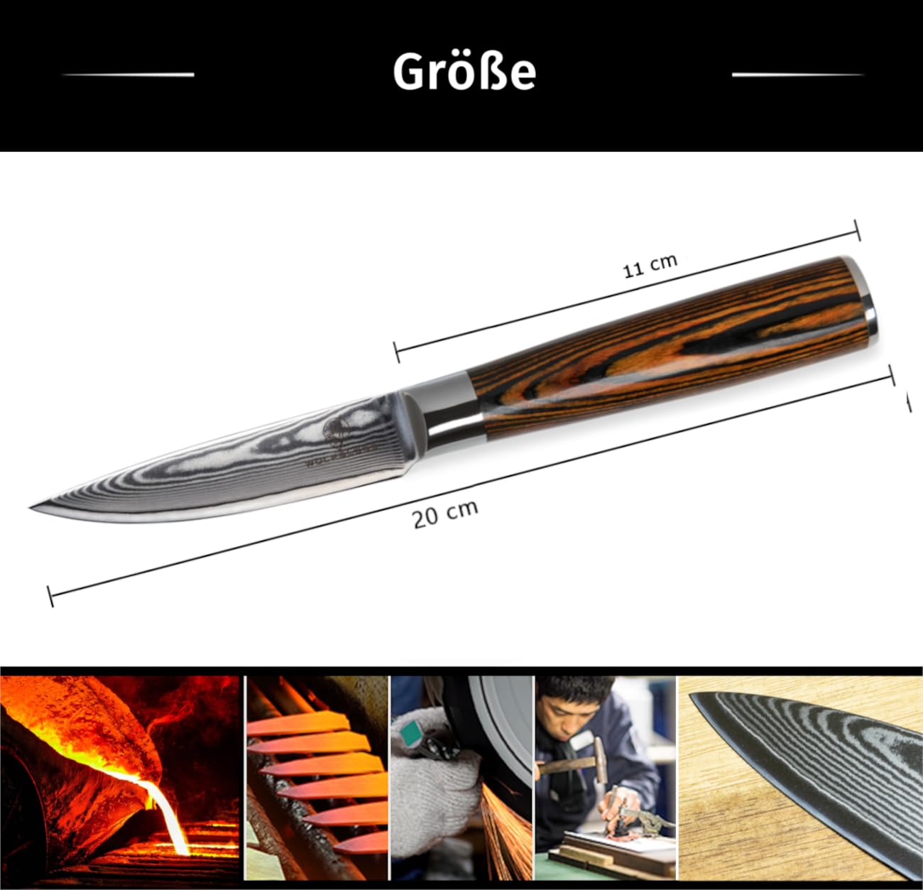 Wolfblood Damastmesser Schälmesser S (20cm) TÜV geprüfter 62 HRC Damaststahl aus 67 Lagen I Obstmesser Officemesser Damast Küchenmesser mit Holzgriff Geschenkbox & Klingenschutz