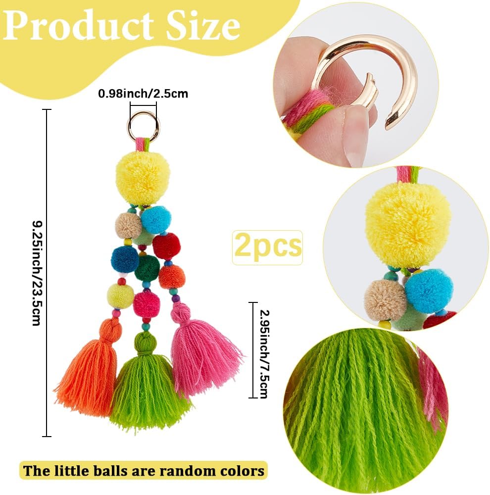 Beebeecraft 2Pcs Boho Bag Charm Colorful Pom Pom Ball Tassel Keychain Keyring for Women Handbag Straw Bag Beach Summer Decoration Accessories
