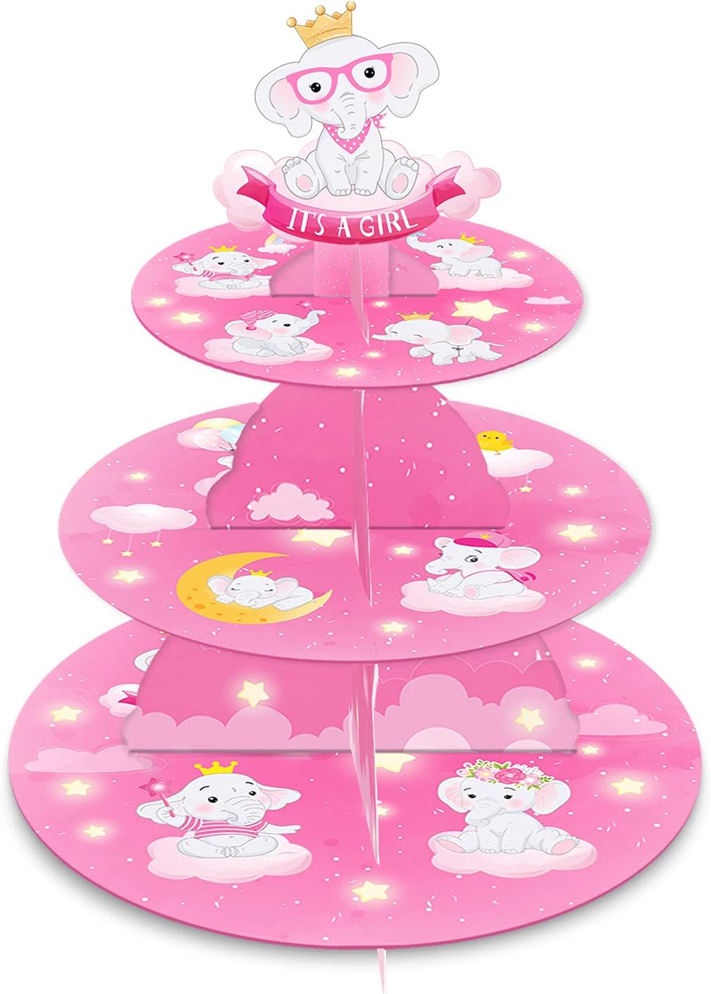 It's a Girl 3 Tier Blue Elephant Cupcake Stand Cartoon Dessert Stand Cupcake Tower for Kids Birthday Decoration Baby Shower Gender Reveal Party Supplies