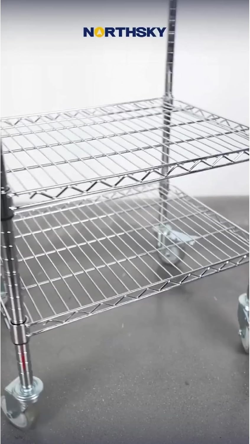 Northsky 2-Shelf Wire Utility Cart on Wheels, Chrome Finish Rolling Metal Shelving with Wheels, 550lb Capacity, 24" x 18" x 38", 2 Tier Rolling Cart for Kitchen Bar Storage Use