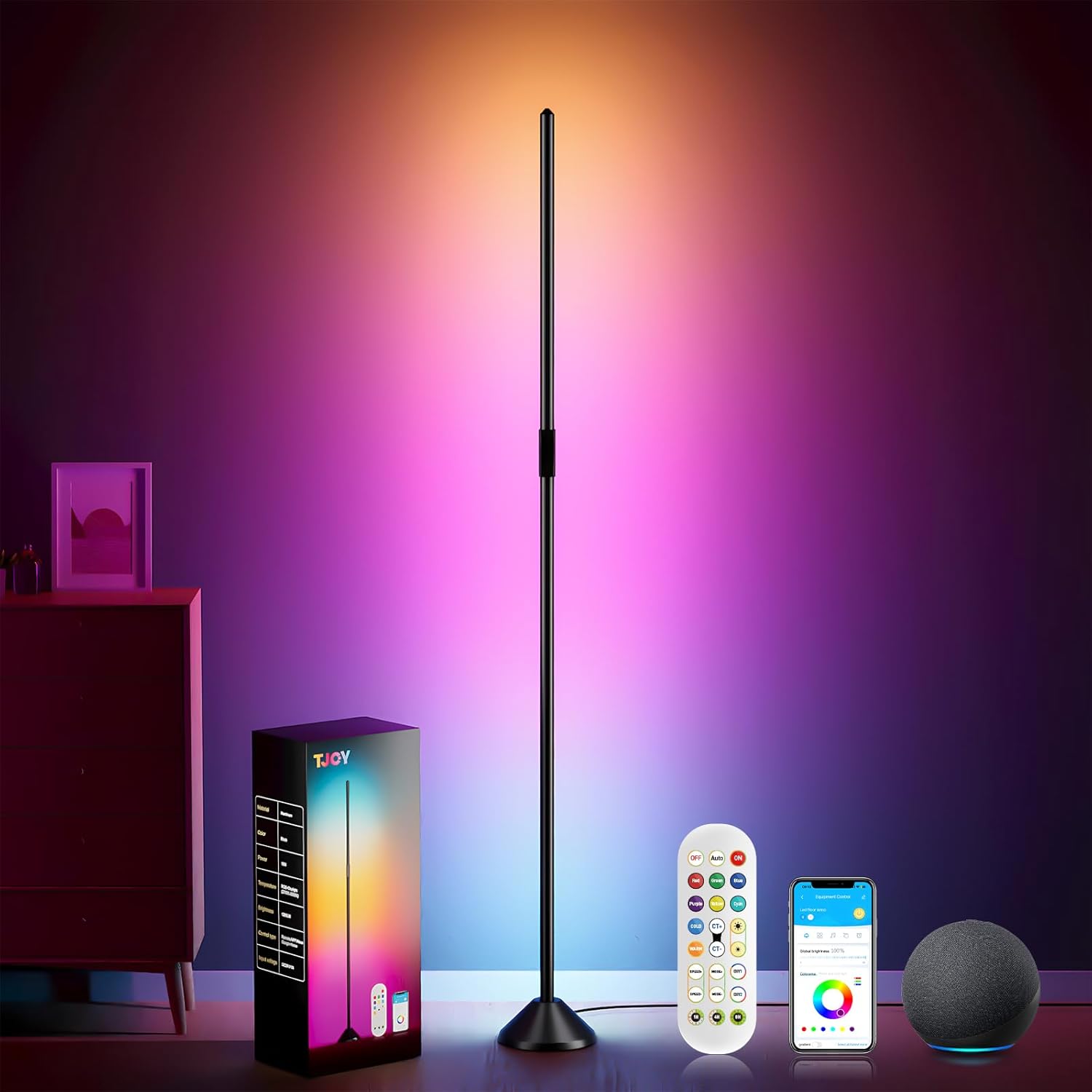 TJOY Smart Wi-Fi Floor Lamp, LED Corner Light Compatible with Alexa, 1200 Lumen, Modern Floor Lamp with Remote, Music Sync, RGB Color Changing Standing Tall Lamp, for Living Room Bedroom