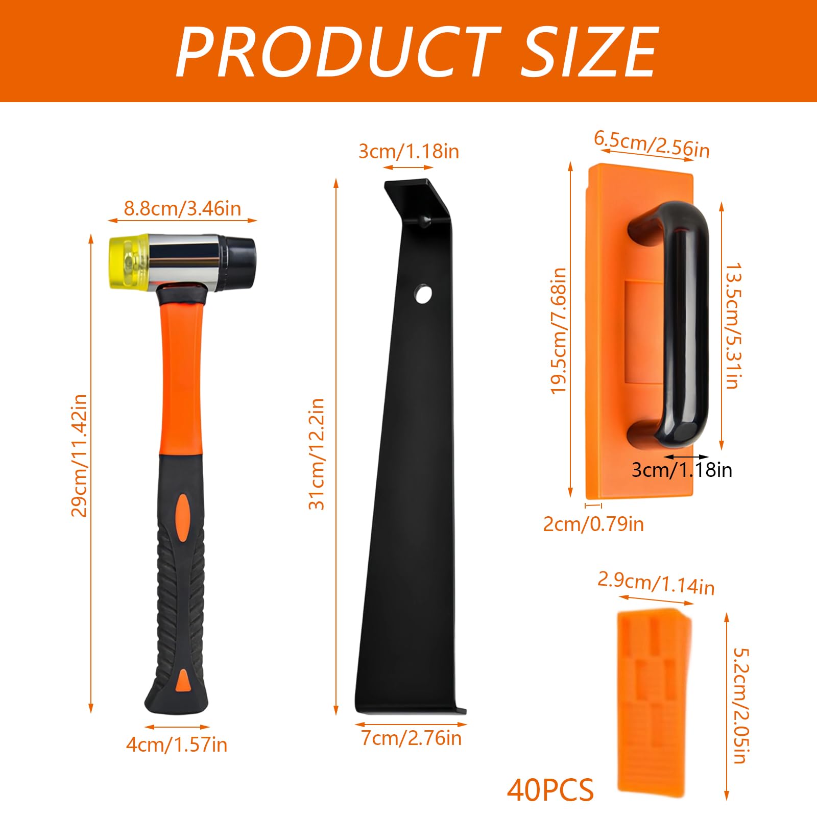 Suelo Laminado, 43 Piezas Herramienta de Laminado, 198 mm Sistema de Clic, 1 Taco de Impacto, 1 Barra de Tracción, 40 Espaciadores, 1 Martillo de Doble Cabeza, para Colocar Piso de Madera Compu