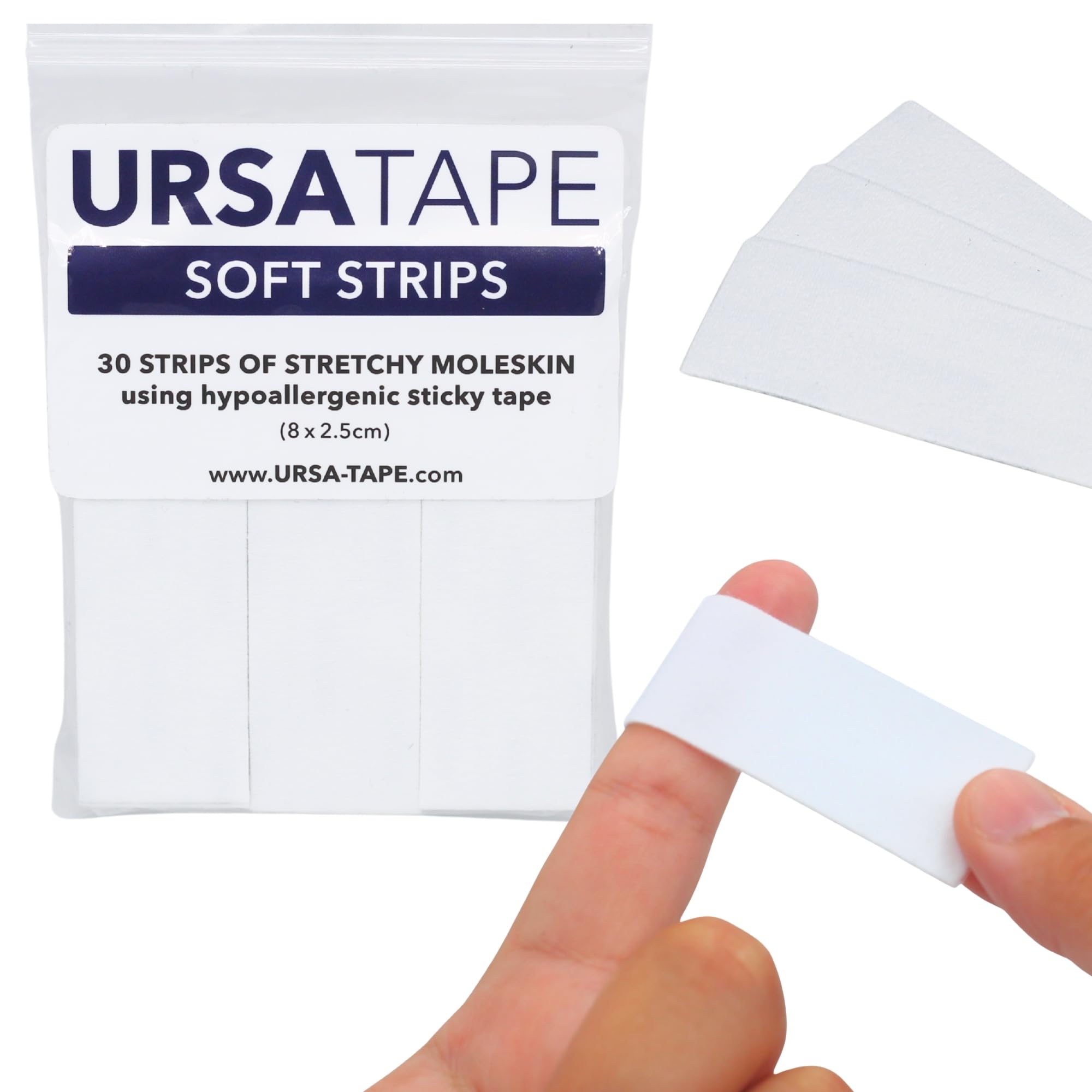 URSA Tape Stretchy Moleskin Fabric Tape | 30 Strips, Heavy-Duty Blister Prevention, No-Residue Bandages for Feet & Body Tape for Fabric | White Moleskin (3.14 x 0.98in)