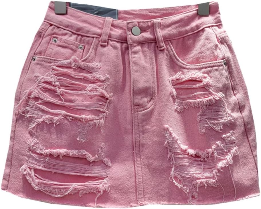 Women Ripped High Waist Denim Skirt Style Pink A-Line Sheath Skirts
