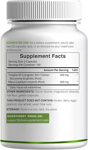 Miniatura 7 de DEAL SUPPLEMENT Extracto de Tongkat Ali 3001 400 mg y raíz de maca de 400 mg  300 cápsulas, Longjack ultra fuerte (Eurycoma Longifolia) + Maca de