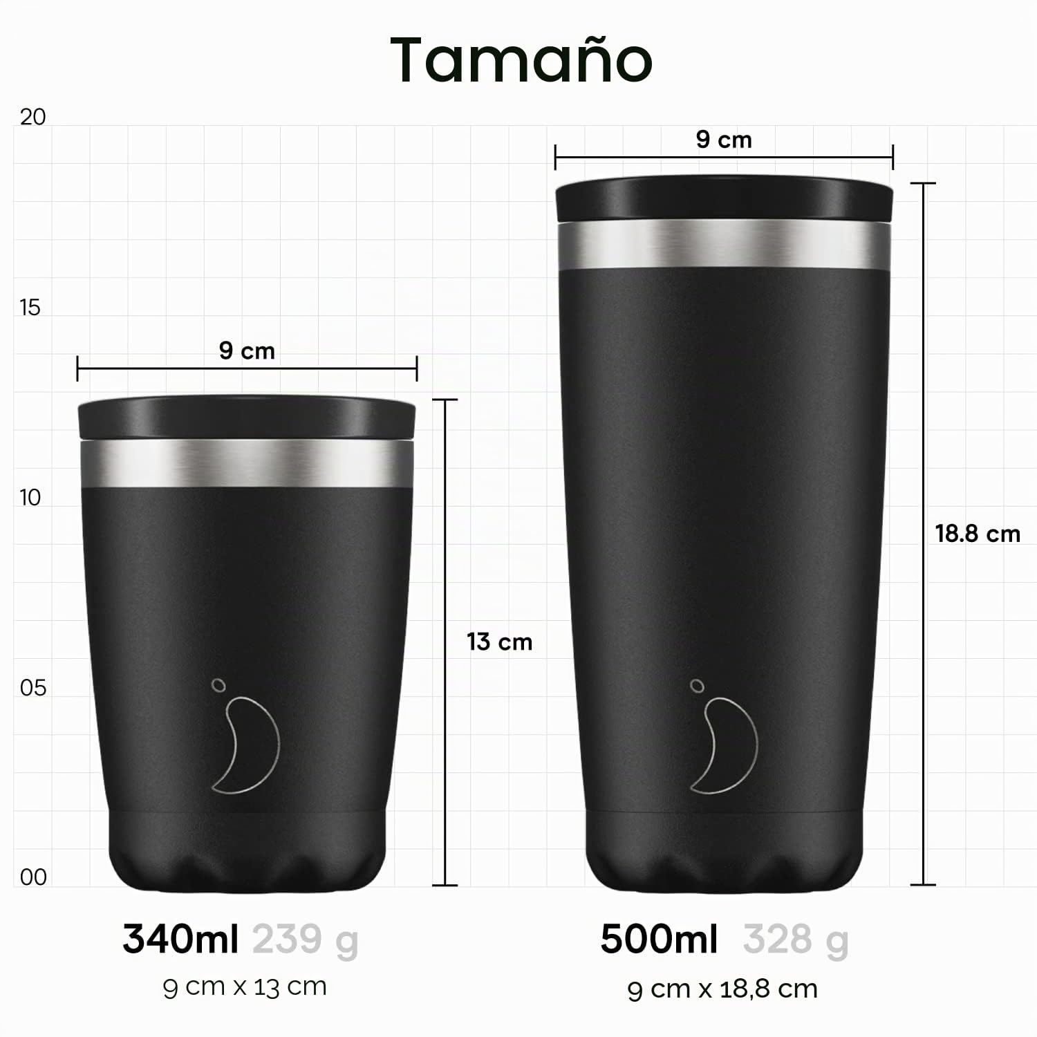 Chilly's Original Taza de Café - Taza Térmica Portátil para Bebidas Frías y Calientes - con Tapa - Taza de Doble Pared con Aislamiento al Vacío - Acero Inoxidable - Negro Monocromado, 340ml