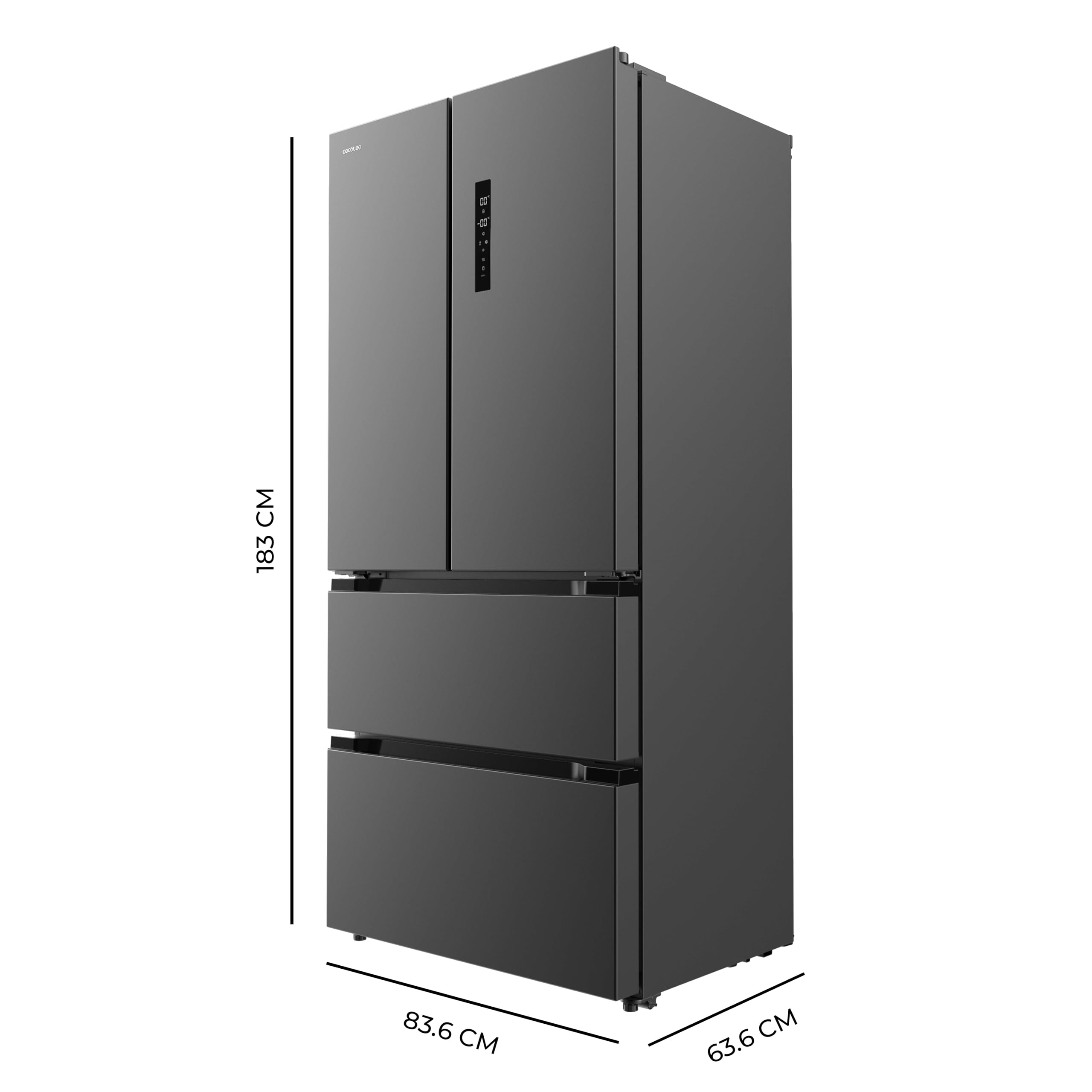 Cecotec Frigorífico puerta francesa Bolero CoolMarket FD 436 Dark E. Compresor Inverter Plus Frigorífico 4 Puertas Estilo Francés Dark 183X84Cm, 510L, No Frost, Clase Energética E, Metal Cooling