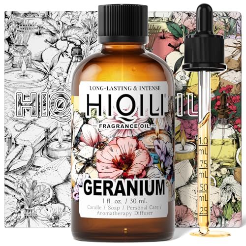 Image of HIQILI Geranium Fragrance Oil for Diffuser & Soap Making - 1 Fl Oz | Essential Oil for Candle & Body Lotion Making, Long-Lasting Scents, Car Freshies - 30 ML