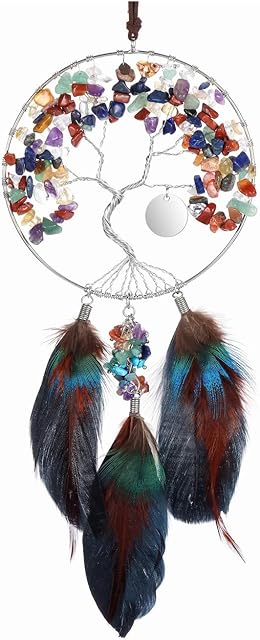 JSDDE 7 Chakra Crystal Tree of Life Feather Hanging Ornament Reiki Healing Gemstone Home Wall Hanging Decoration for Luck Dream Catchers
