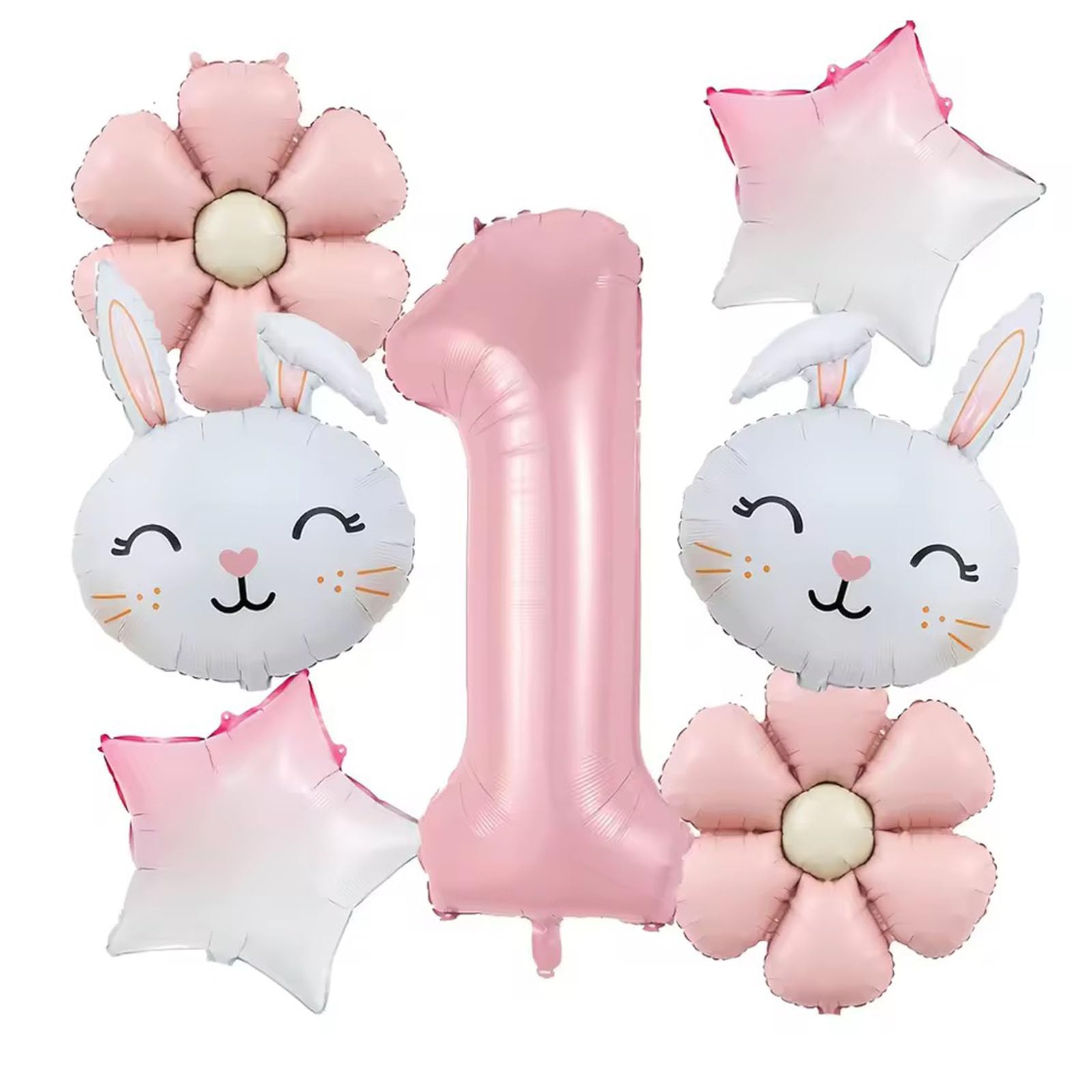 7PCS Rabbit Daisy Balloons Decorations with 32 Inch Pink Number 1 Balloons for Easter Bunny Theme Birthday Party Kids Toy Gifts (1st Birthday)