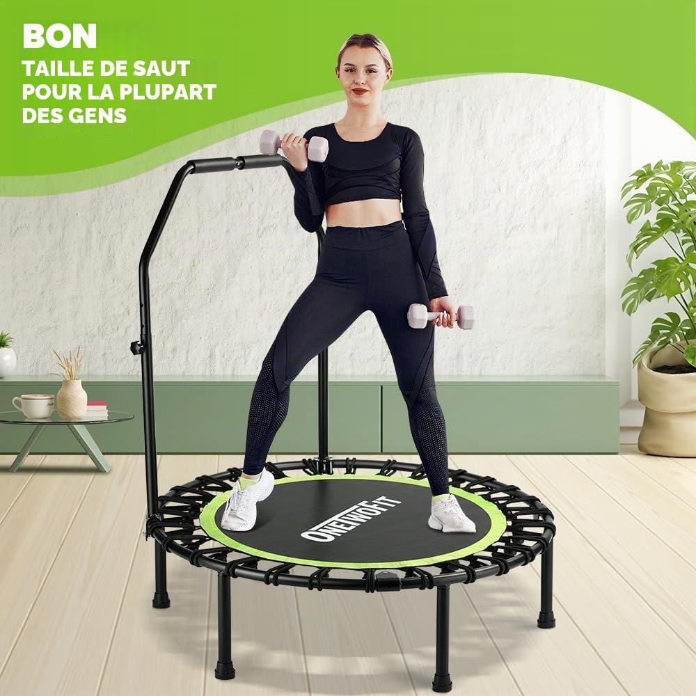 ONETWOFIT Trampoline Pliable pour Adulte, 101/107/114 cm Mini Trampoline de Fitness avec poignée en Mousse réglable, Bungees, Exercice Silencieux pour l'intérieur Personnel