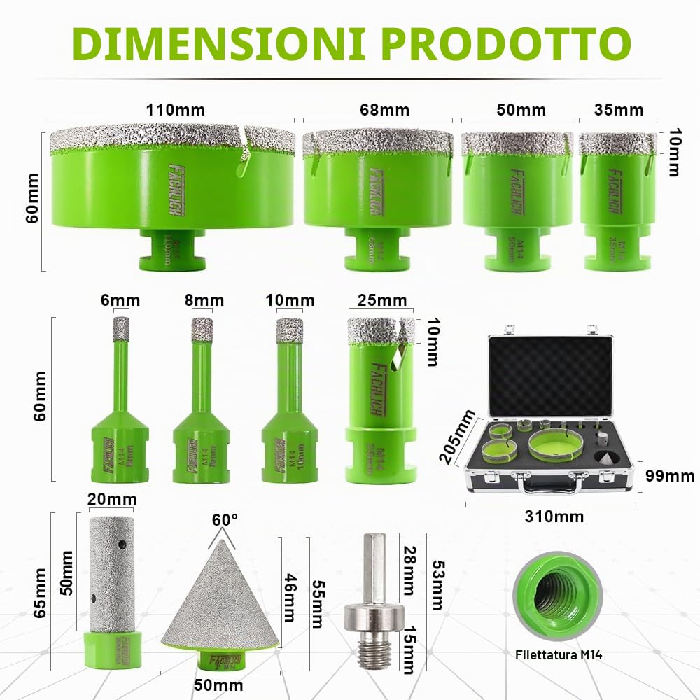 Fresa Diamantata 6/8/10/25/35/50/68/110MM Punte Trapano Diamantate 11 Pezzi con Alluminio Scatola e 20mm and 50mm Fresa e Adattatore per Porcellana Piastrella Granito Marmo Taglio a Secco