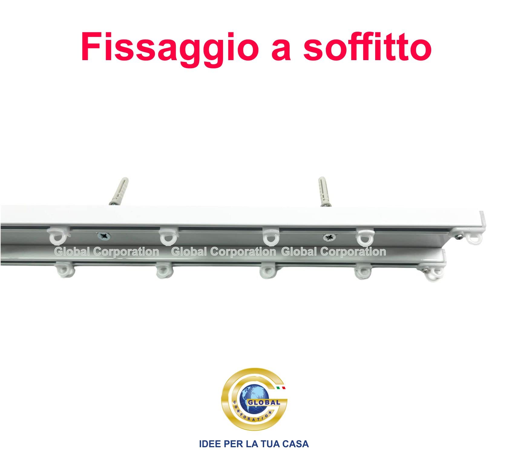 GLOBALCORPORATION Binario per tende a soffitto doppio in alluminio bianco con scorrevoli da interno sopratende arricciate a 2 canali bastone per tenda su misura moderni scorrimento (240 centimetri)