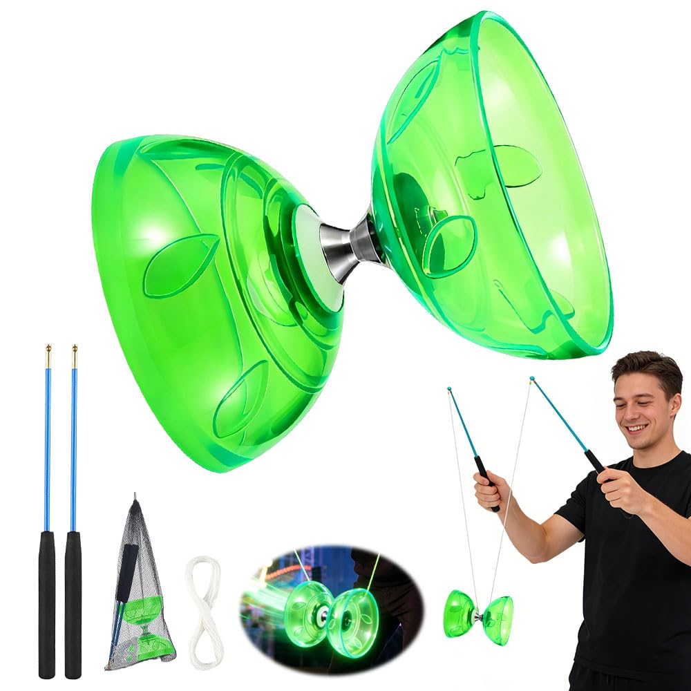 Diábolo con Rodamiento LED, Diábolo con Rodamientos de Bolas, Juego de Malabares de Goma Suave Transparente con Cuerda de Repuesto y Bolsa, Deportes de Ocio para Principiantes, Verde
