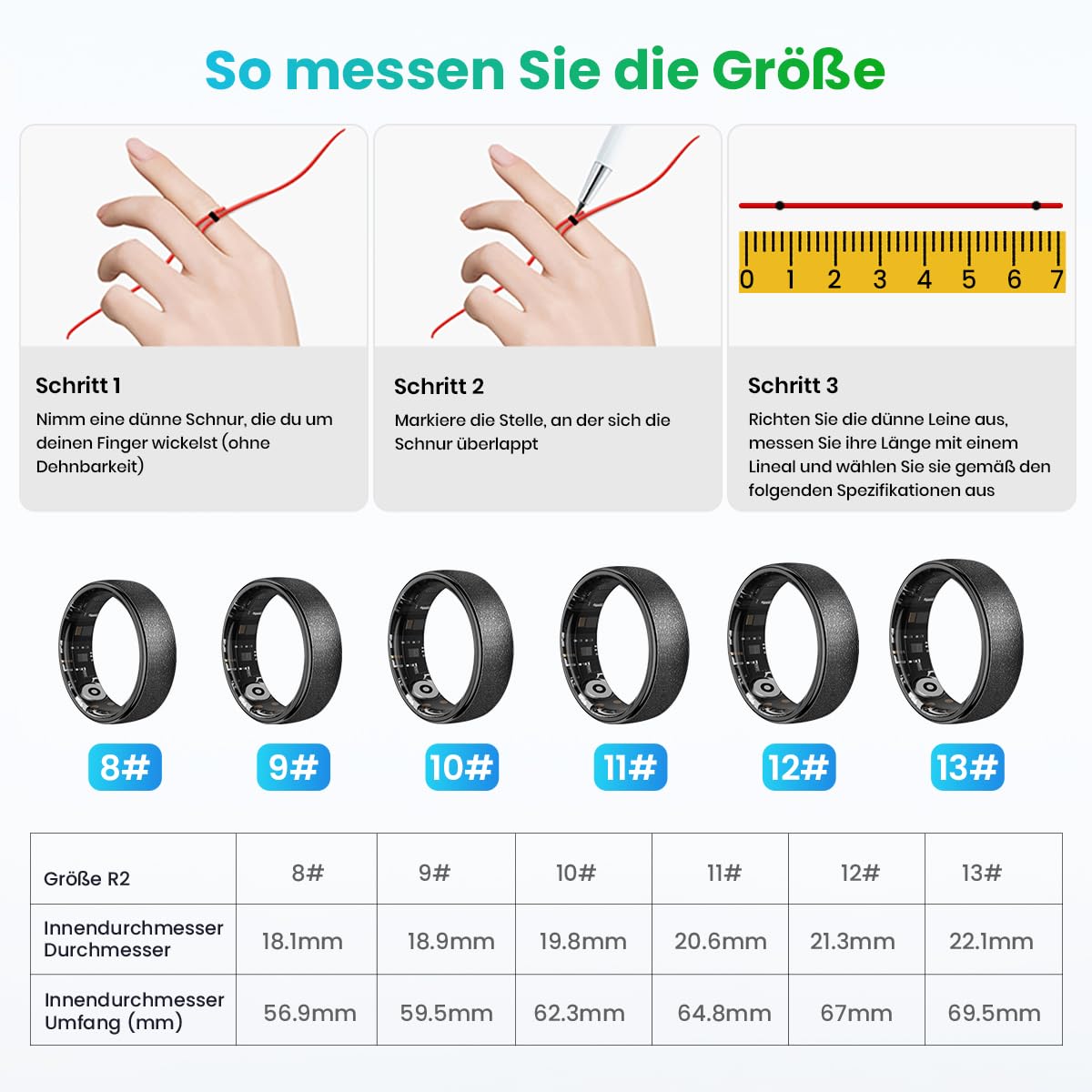Rogbid R2 Titanlegierung Smart Ring für Herren Damen Smartringe Gesundheit Tracker mit Herzfrequenz, Blutsauerstoff, Blutdruck, Schlaftracker, IP69 wasserdicht für iPhone und Android Schwarz (10#)