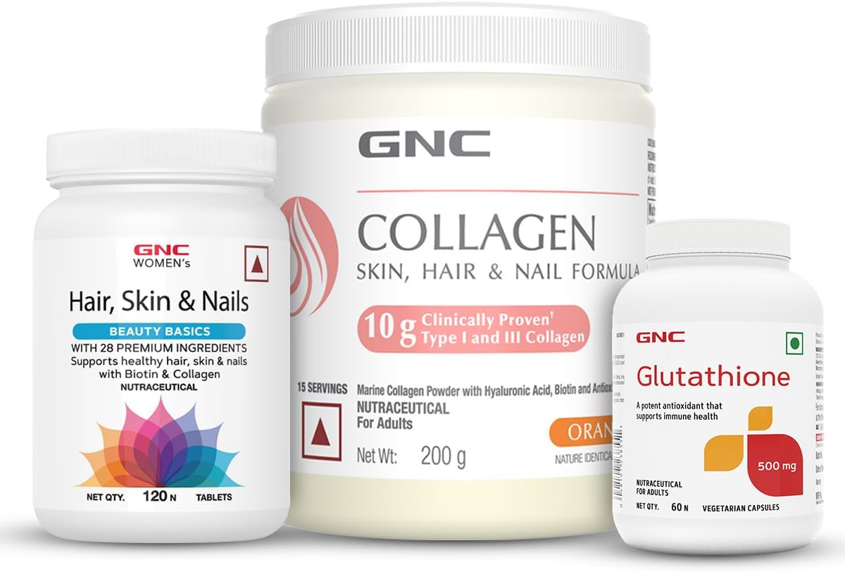 Youthful Radiance Trio | Marine Collagen Powder (Orange 200 gm) | Women's Hair, Skin, and Nails (120 Tablets) + Glutathione (60 Capsules) | Reduces Fine Lines & Wrinkles | Reduces Pigmentation