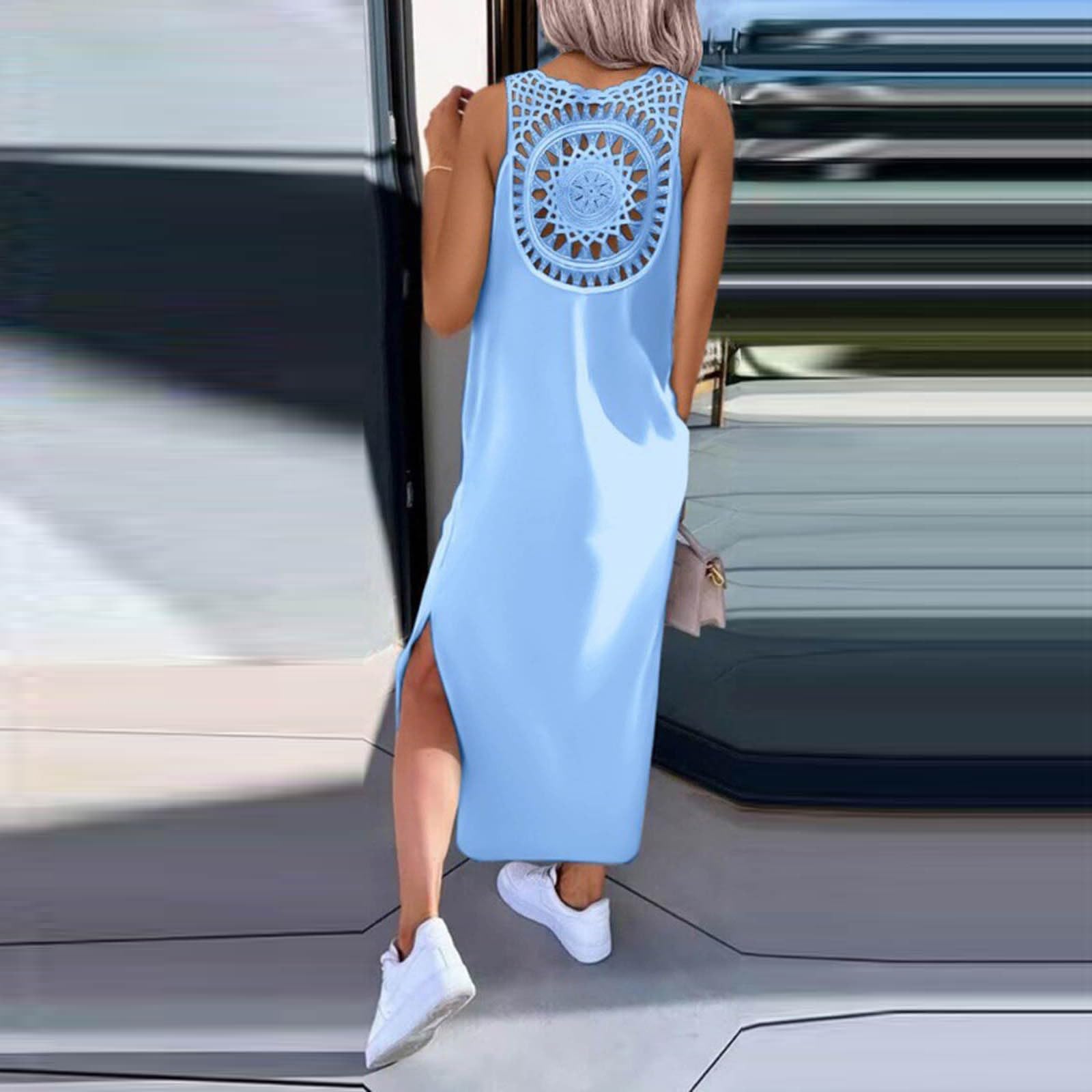 Vestido De Verano for Mujer Largo Vestidos Largos Sueltos Ocasionales Traje Playa 2026 for Resort Sin Mangas Ahueca hacia Fuera El Tiras con Abertura Lateral Encaje, Menta