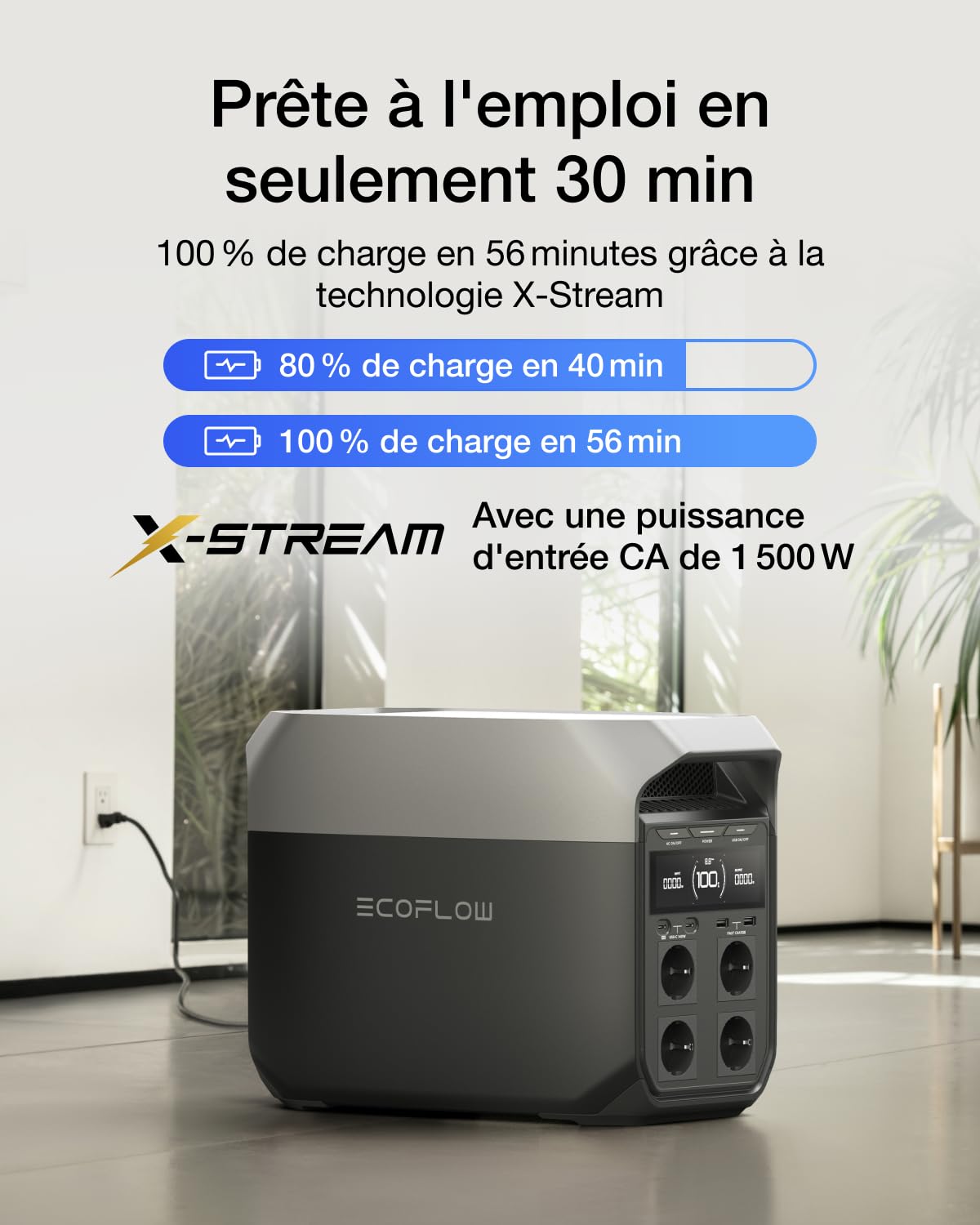 Station électrique portable EF EcoFlow DELTA 3, 1024 Wh de capacité, cellules LFP, 70% de charge en 30 min, extensible jusqu'à 5 kWh, générateur solaire pour camping, RV, l'alimentation de secours