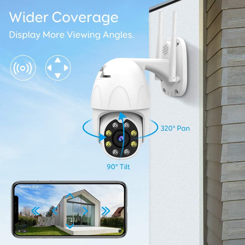 Security Camera Outdoor, 1080P WiFi Home Surveillance Camera with Phone App, PTZ IP Camera, Night Vision, IP65 Waterproof, 2Way Audio, Compatible with Alexa