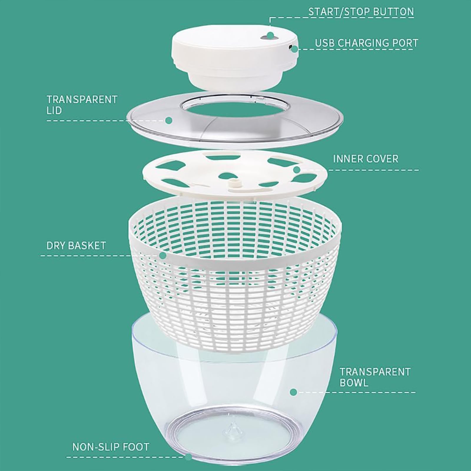 Centrifugador eléctrico de ensalada, lavadora y secadora recargable de 1500 mAh, base antideslizante, secado rápido, capacidad de 6 litros para lechuga, verduras, frutas y hierbas