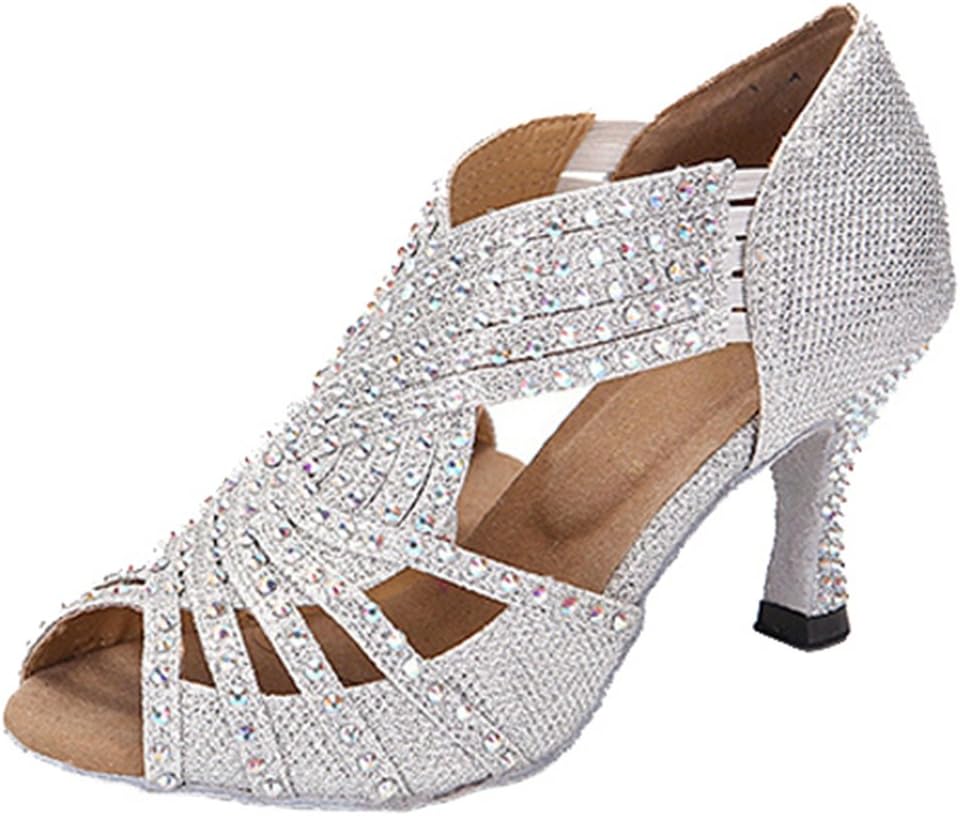 TDA Womens Zipper & Slip-on Flared Heel Glitter Crystals Latin Modern Salsa Tango Ballroom Wedding Dance Shoes