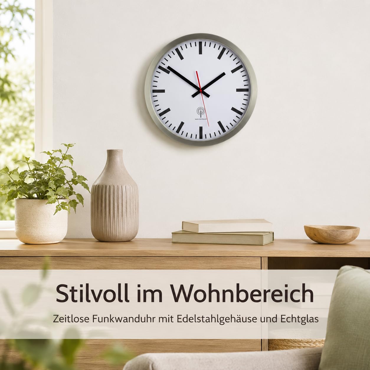 Eurotime 56862-07 radiowy zegar ścienny, 40 cm, srebrna obudowa ze stali nierdzewnej, prawdziwe szkło, tarcza stacji, automatyczna zmiana czasu, zegar ścienny do salonu lub