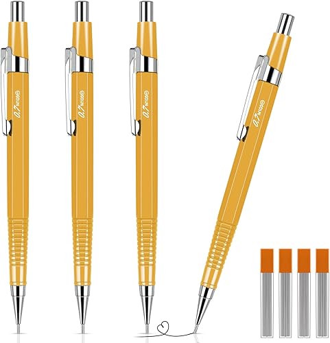 Outus Paquete de 4 lápices mecánicos de dibujo automático, lápices de dibujo de metal y 4 lápices de dibujo automáticos retráctiles para dibujo,