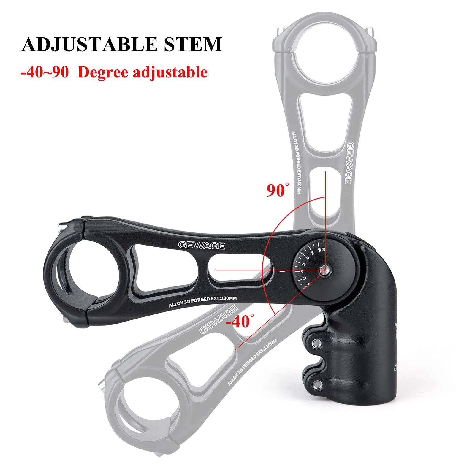 Potence de vélo – Potence de vélo réglable à 130 degrés – 75 mm, 90 mm, 130 mm – Rehausseur de potence de guidon pour guidon de 31,8 (2,5 à 0,6 cm), convient à la plupart des VTT, vélos de route, BMX