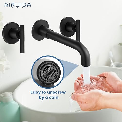 Miniatura 8 de Airuida Grifo de lavabo de baño extendido montado en la pared, grifo mezclador de lavabo de tocador, 2 manijas de palanca, 3 agujeros, caño