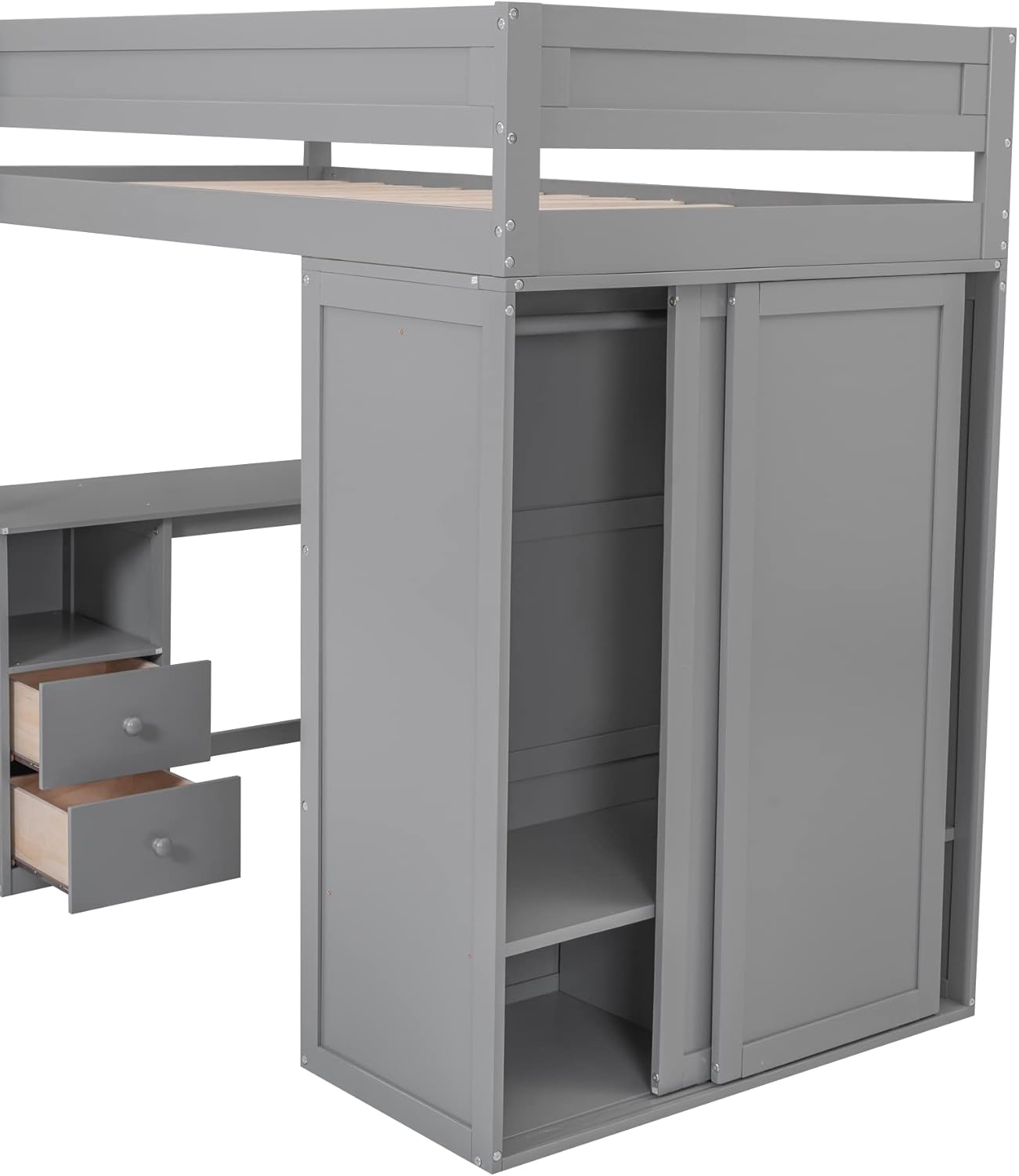 Wooden Loft Bed Frame with Wardrobes, 2-Drawer Desk with Open Storage Cabinet, Twin Size Loft Bed with Safety Guardrails and Wood Slats Support, Space-Saving Design (Gray-Twin-2 Drawer Desk)