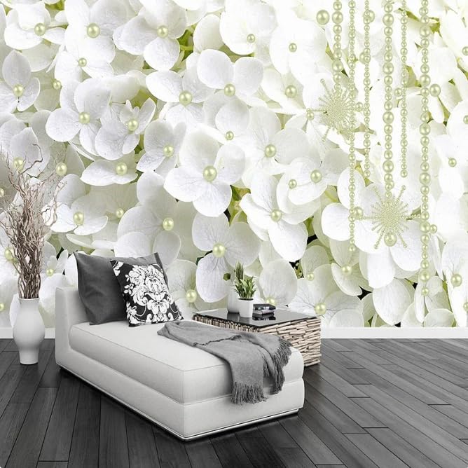 Papier peint 3D fleurs blanches et bijoux pour salon en format 150x105 cm