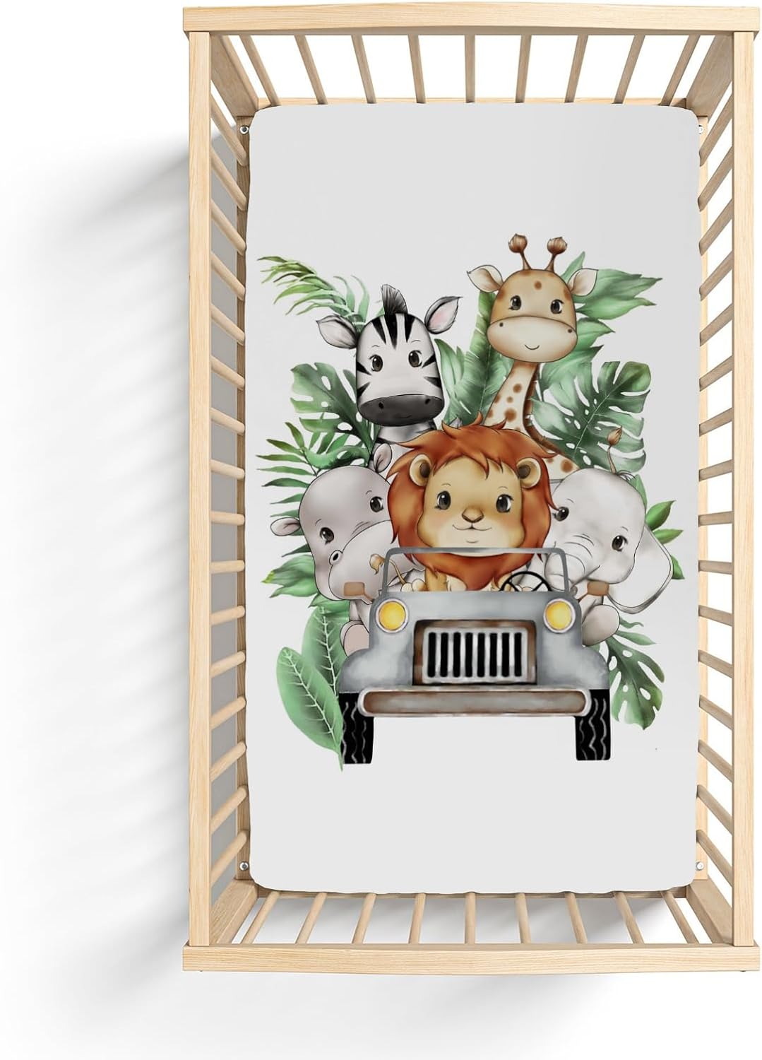 Jungle Safari Animals Tropical Leaves Baby Crib Sheets for Boy Girl 52x28Inch Lion Elephant Zebra Hippo Truck Soft Snug Fitted Crib Mattress Cover Baby Sheet for Standard Crib & Toddler Bed Mattress