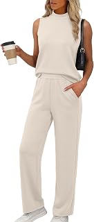 Women's Two Piece Mock Neck Lounge Set with Wide Leg Pants Summer Travel Outfit