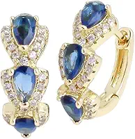 Brincos Argola Pequena Dourada com Cristal Safira, Banho Ouro 18k, Pedras Azuis em Formato Gota